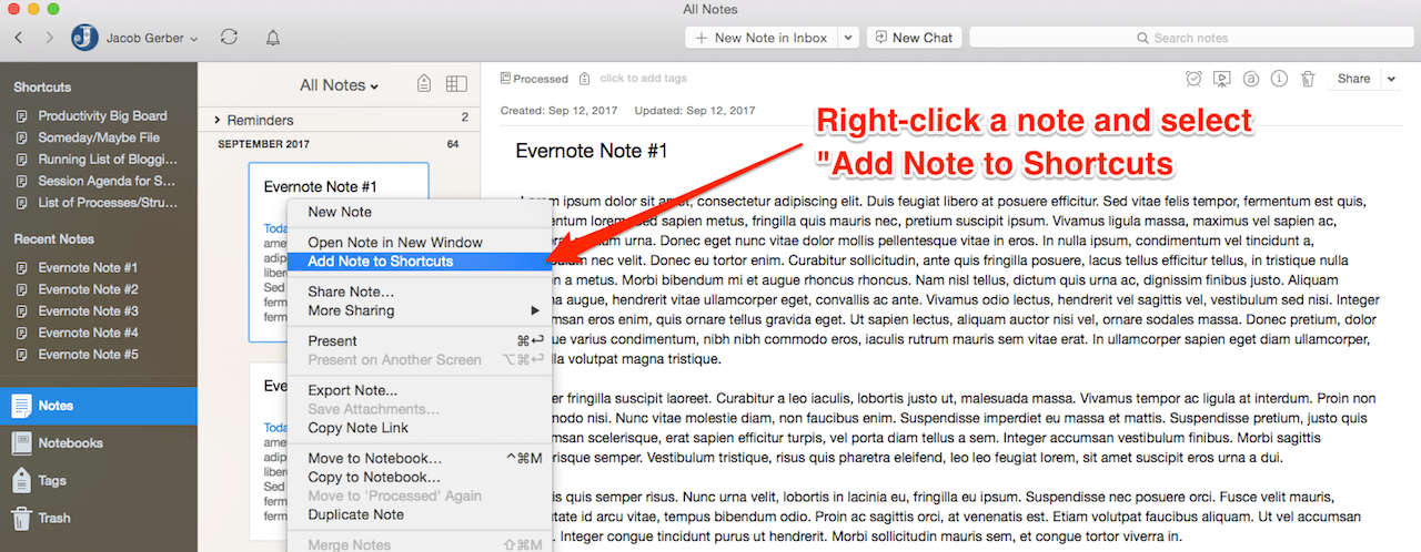 Organize Evernote: Add a Note to Evernote Shortcuts - Option 1