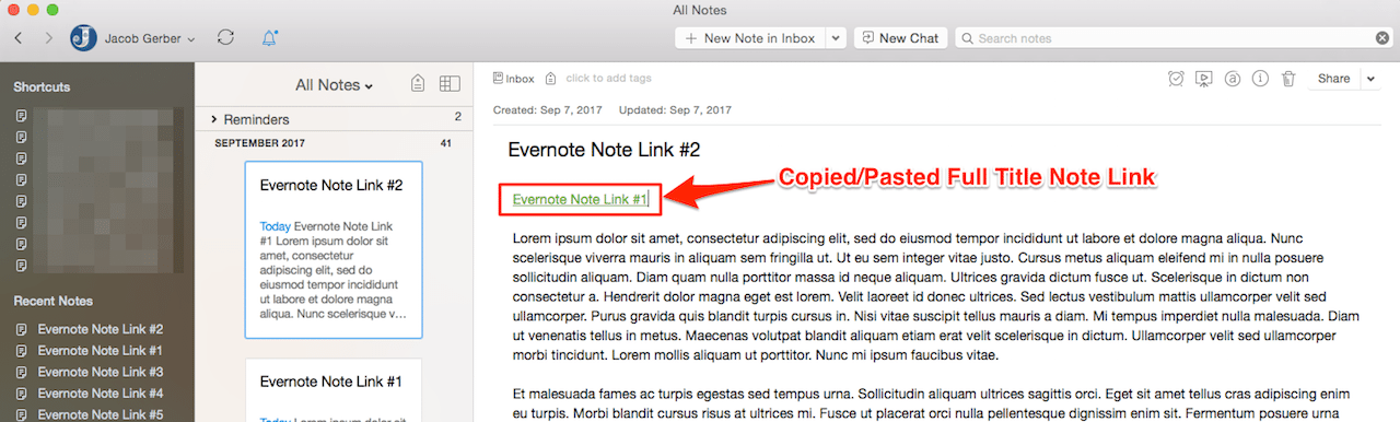 Copied and Pasted Full Title Evernote Note Links